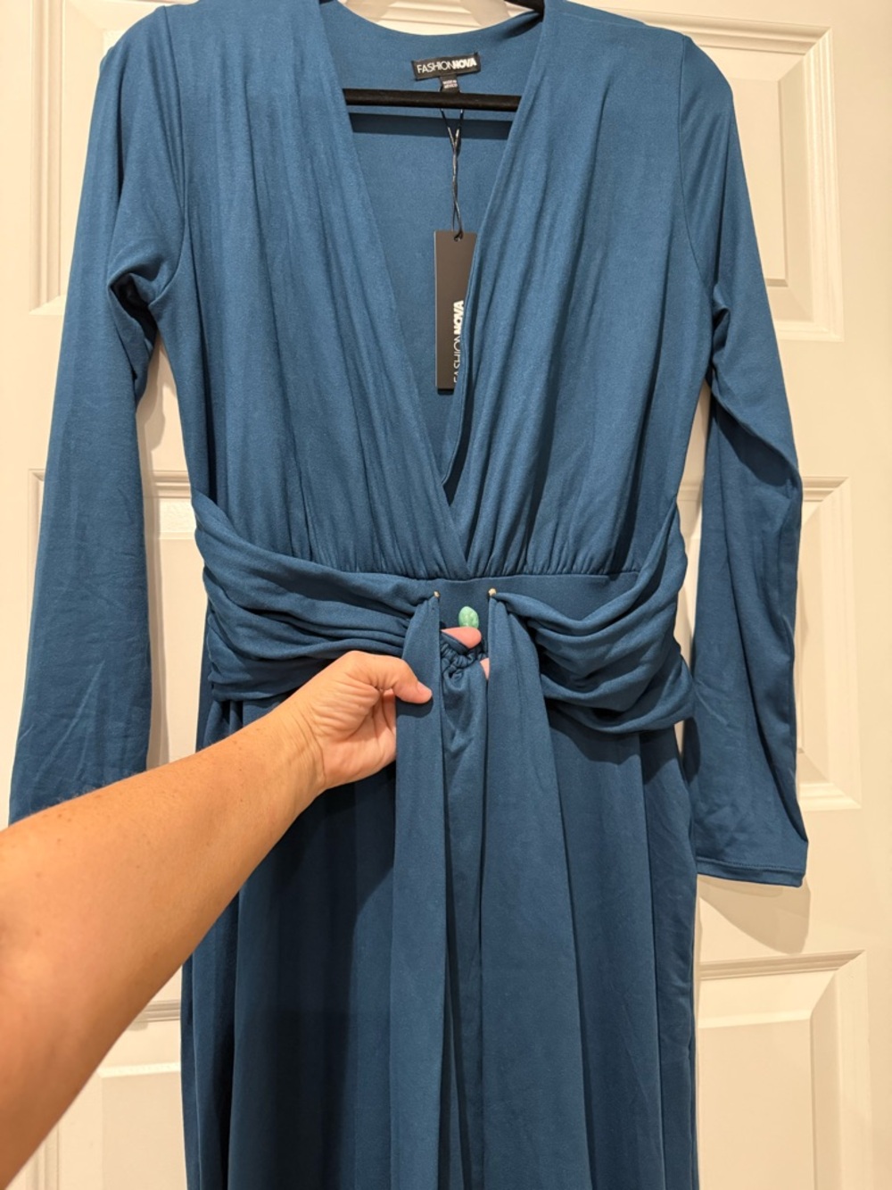 Fashion Nova Teal Long Sleeve Wrap Jumpsuit